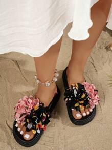 Sandalias/chinelas minimalistas para mujer, con decoración floral, suela gruesa, de uso casual, cómodas, para playa y vacaciones, tipo slip-on y planas