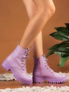 Botas de tacón medio para mujer, botas de tobillo de punta redonda - Botas cortas casuales con suela blanda y ligera, zapatos suaves y cómodos para mujer, botas con cordones y tacón grueso de estilo  Gótico  Vintage - Lila Púrpura - Ver 3