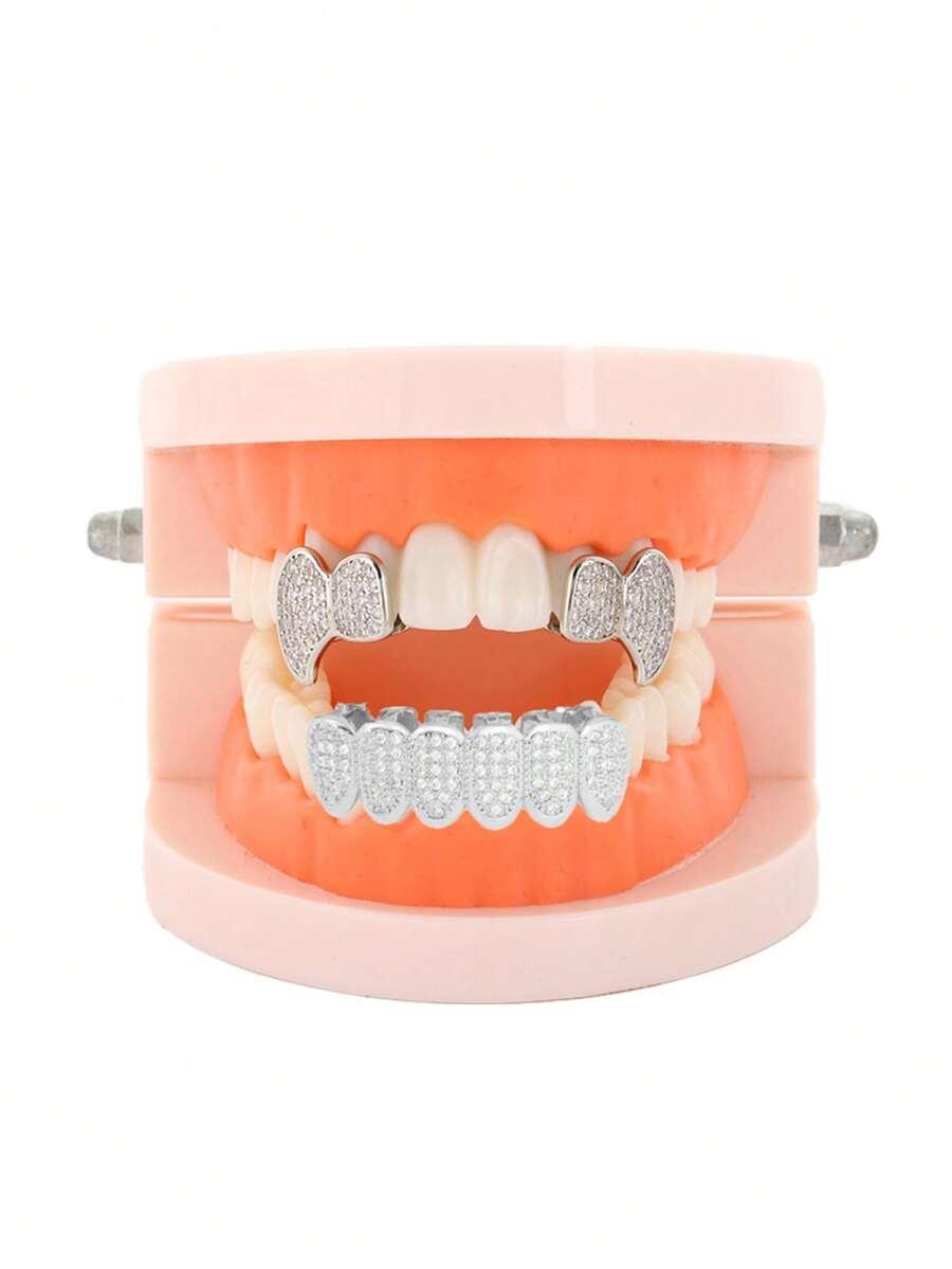 Set Of 3pcs Zirconia Encrusted Hip Hop Teeth Grillz, New Rapper Fake Teeth Grill For Halloween - Multicolor - View 1