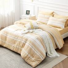 Bed In A Bag Queen Size 7-Piece Yellow White Striped Bedding Comforter Sets All Season Bed Set, 2 Pillow Shams, Flat Sheet, Fitted Sheet And 2 Pillowcases - 黃色 - 查看 1