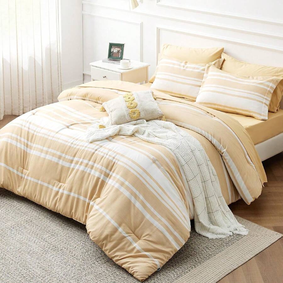 Bed In A Bag Queen Size 7-Piece Yellow White Striped Bedding Comforter Sets All Season Bed Set, 2 Pillow Shams, Flat Sheet, Fitted Sheet And 2 Pillowcases - 黃色 - 查看 1
