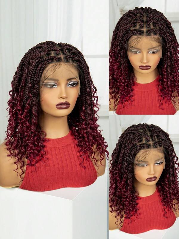 A Short Bohemian Braided Wig With A Large Area Of High-Definition Full Lace Women'S Knotless Bob Braid Wig, Box Shaped Braided Wig, Curled End, Multiple Colors In Burgundy