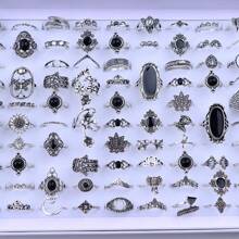 50pcs/Pack Bohemian Vintage Hollow Geometric Crystal Adjustable Rings For Women, Random Styles For Daily, Date, Party, Jewelry Accessory Gift