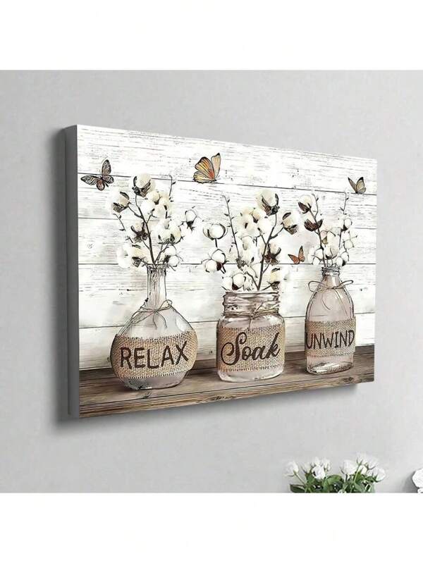 One Butterfly Flower Letter Pattern Painting, Modern Home Rural Farmhouse Bathroom Wall Art Decoration, Wall Canvas Decoration, Canvas Art Print, Retro Art Corridor Hanging Painting