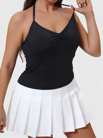 SUPEKYKO Plus Size Workout Yoga Top – Adjustable Halter Neck, Backless Scrunch Tank With Removable Cups – Gym Running Sports Bra For Women