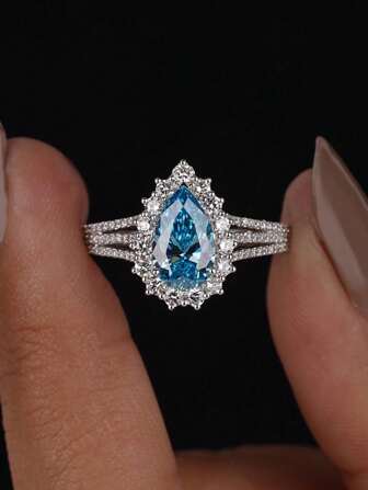 1 件经典华丽水滴形钻石戒指订婚礼物、节日礼物 S925 纯银精美珠宝礼物