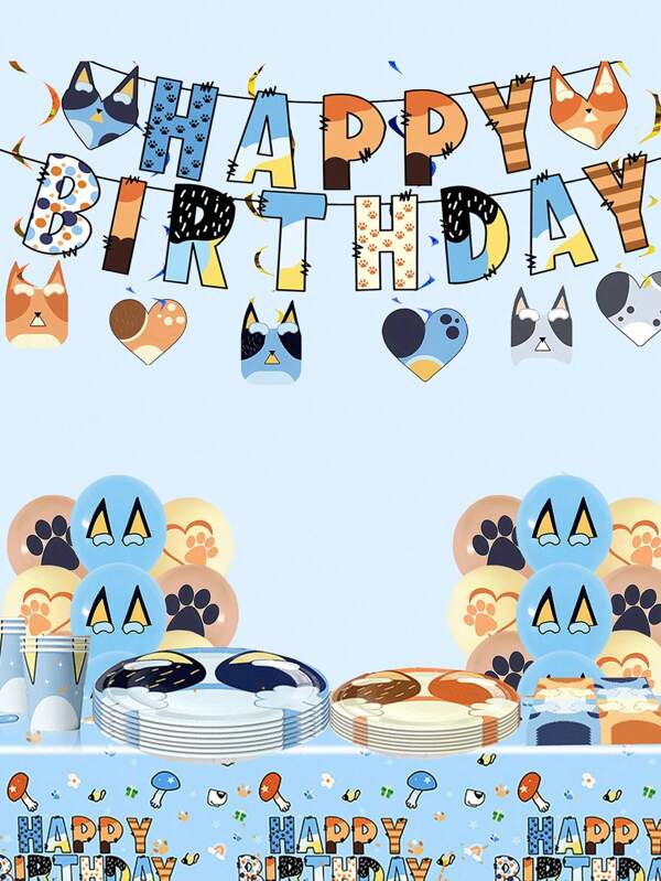 Bluey Blaue Blueys Familie und Freunde Bingo Hund Geschirr Hochzeit Geburtstags-Party Thema dekoratives Geschirr Party Foto Hintergrund Tischdecke Banner Pappteller Trinkbecher Serviette Geschenk für Luftballon Hochzeiten Geburtstage Feiertage perfekte Party Utensilien & Tischdekoration (Einige Teile können zufällig sein)