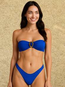 Bikini Set Top With Removable Padded Strapless And Panties Elegant Delta Wing Buckle Fabric Beach Night Vacation Holiday Spring-Summer - 藍色 - 查看 1