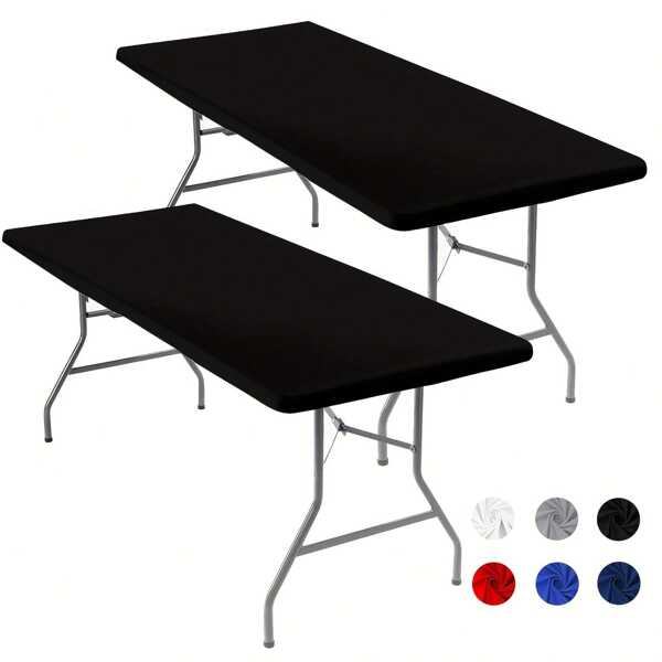 2pcs Stretchy Elastic Rectangular Tablecloth For Table Size 182.88cm, Machine Washable, Polyester Material, Suitable For Outdoor Dining, Camping, Weddings, Parties And Events, In Black