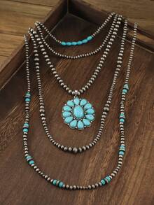 Bộ 4 chiếc/bộ vòng cổ dài đính hạt giả ngọc lam & đỏ cổ điển, phong cách Boho Cowgirl, quà tặng hoàn hảo cho sinh nhật, năm mới, ngày lễ tình nhân, phong cách nghỉ dưỡng miền Tây/Cowgirl, hạt Bohemian cổ điển - Đỏ - Xem 9