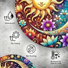 7.8 英寸圆形复古太阳和月亮花卉金属墙饰 - 耐用、防水装饰，带有天体设计，适合家庭、酒吧、咖啡厅或车库