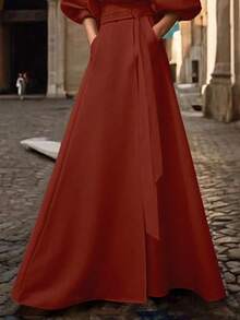 2026春秋新款休闲时尚蝙蝠袖V领系带不规则A字开衩长裙，女士春夏新款长裙，女士夏季服装，宽松版型，休闲版型，系带腰身，适合各种身材，百搭简约设计，带口袋 - 酒紅色 - 查看 5