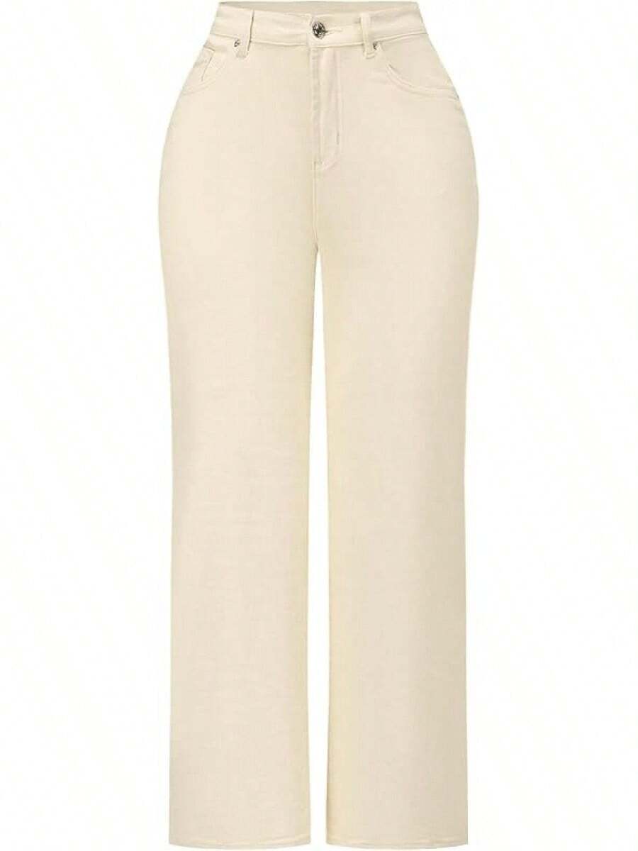 THUNDER Womens High Waisted Wide Leg Jeans Stretchy Distressed Pants - Beige White - View 1
