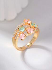 1pc 18K Gold Plated Fashion Cat's Eye Gemstone Ring,Pink And Green Crystals Open End Adjustable Ring,Summer Beach Vacation Accessory,Suitable For Women's Daily Wear,Wedding,Dating,Party,Holiday,Valentine's Day Gift,Fine Jewelry Gift.