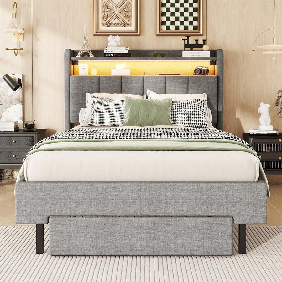 Letto piano 90*200cm, letto imbottito, lampada riscaldante a LED, presa USB, testiera pieghevole, vano portaoggetti integrato, contenitori per letto, grigio