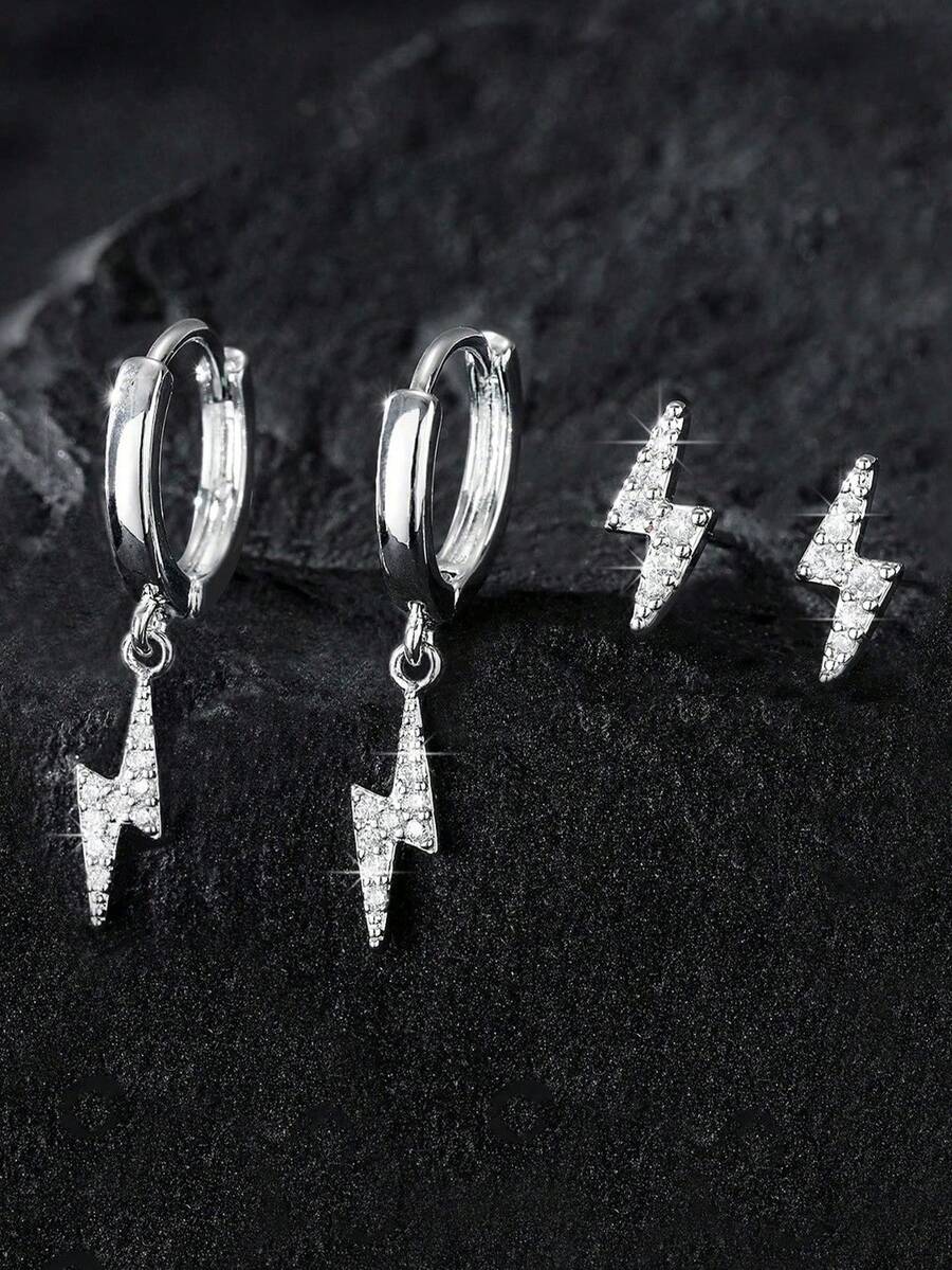 1 Pair Punk Minimalist Zirconia Lightning Stud Earrings, Hypoallergenic Fashion Unisex Earrings, Suitable For Christmas, Jewelry Gifts, Parties, New Year, Valentine's Day - Silver - View 1