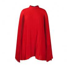 Women's Stand Collar Pleated Cape Sleeve Dress LooseKnee Length Club Dress Summer Solid Color Dress - 紅色 - 查看 2