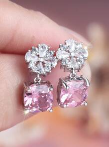 1 Pair Elegant Square Cut Pink Synthetic Zirconia & Floral White Synthetic Zirconia Silver White Plated Stud Earrings For Women, Luxury For Weddings, Parties, Festivals And Everyday Wear, All Season