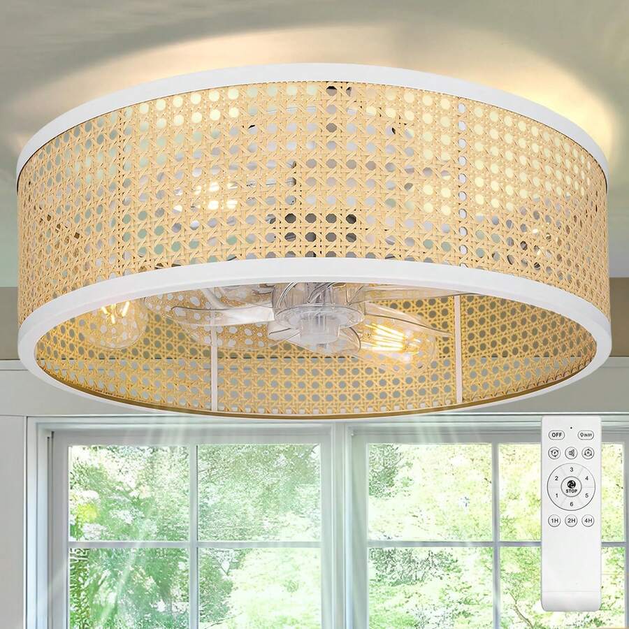 20" Boho Ceiling Fan With Light,Rattan Caged Boho Fandelier With Lights & Remote Control,Low Profile/Bladeless/6 Speed/Timer/Quiet DC Motor, Or Bedroom Living Kitchen Room (White) - 白色 - 查看 1