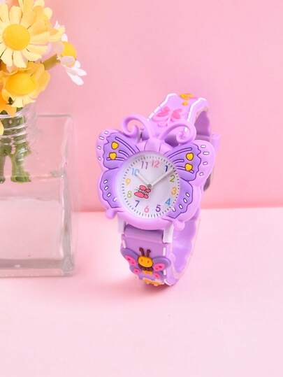 3D Soft Silicone Strap Quartz Watch With Rotating Seconds Hand And Butterfly Pattern For Girls, Creative Gift