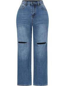 THUNDER Womens High Waisted Wide Leg Jeans Stretchy Distressed Pants - dark Blue - View 1