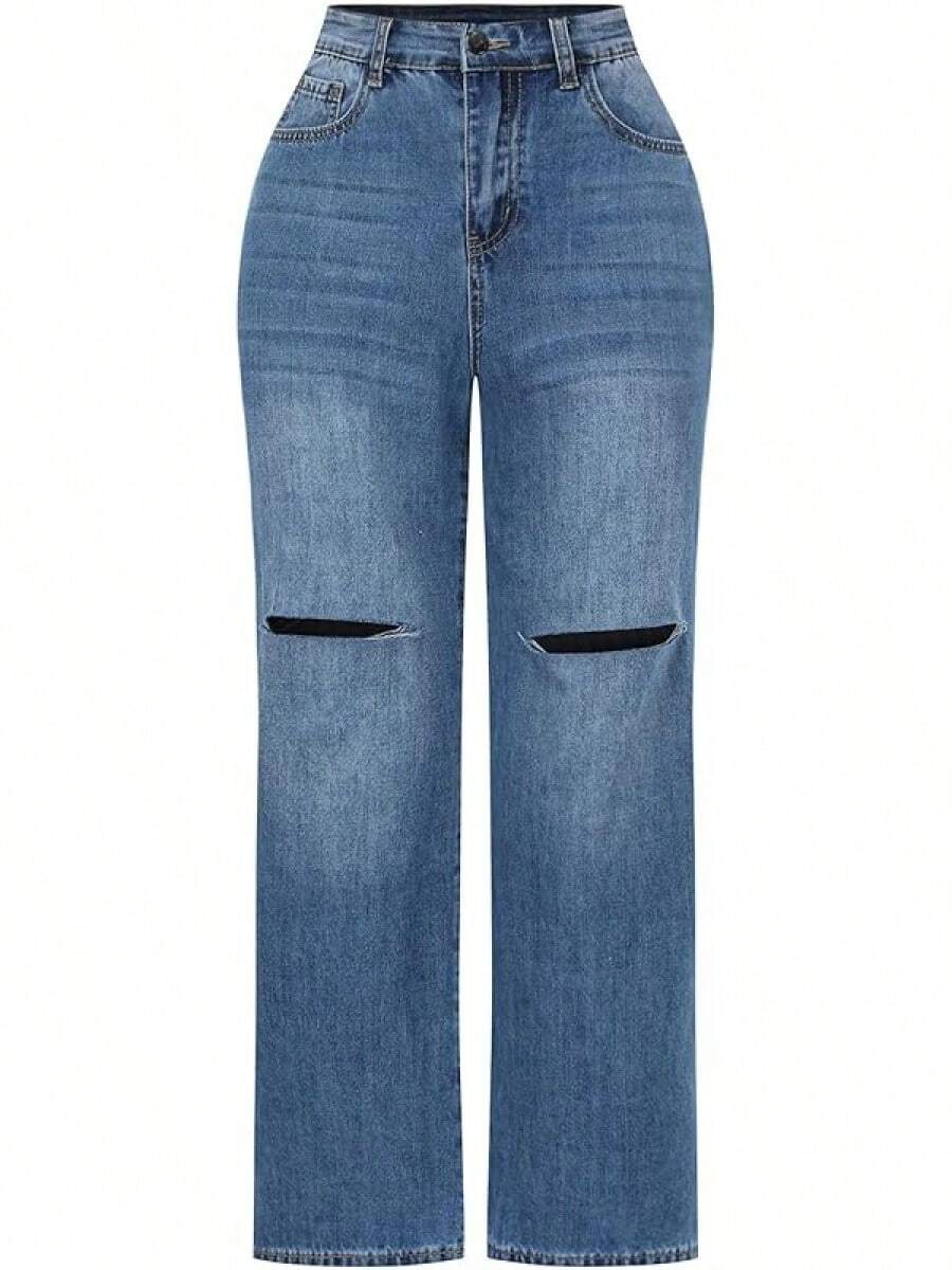 THUNDER Womens High Waisted Wide Leg Jeans Stretchy Distressed Pants - dark Blue - View 1