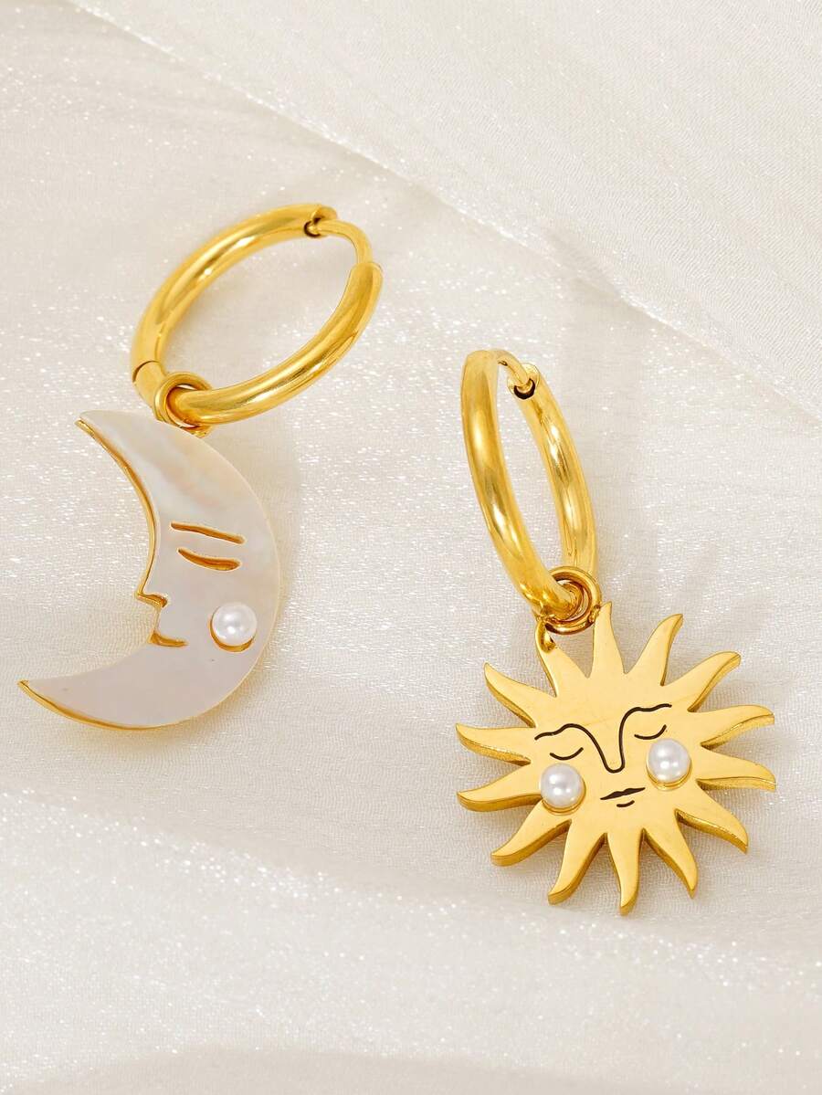 不锈钢月亮和太阳耳环，优雅的钛钢环状耳环，18K 镀金