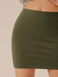 Falda corta de tubo de cintura alta básica para mujer - Verde militar - Ver 3