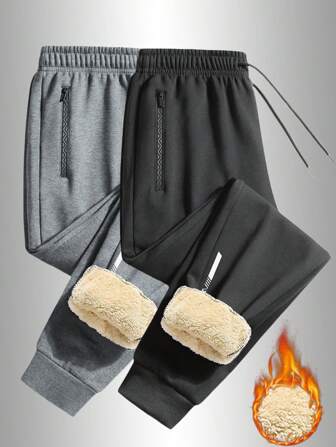 Men's Winter Thermal Lined Warm Casual Pants, Reflective Print Design, Suitable For Daily Wear, Running, Fitness