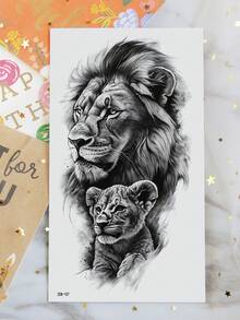 1 Sheets Big Size Body Art Temporary Tattoo Stickers For Men , Black Realistic Animal Style Lion Dad And Lion Baby Pattern, Waterproof Fake Tattoo, Lasts 2-5 Days, Covering Scars, Can Be Used On Arms Wrist Shoulders Legs Waist Neck Hand Chest Thighs - Black - View 4