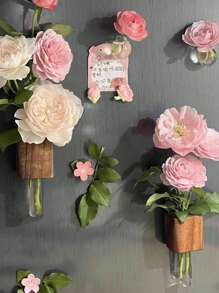 1 件木制花瓶冰箱贴，创意装饰木制花瓶磁性花架