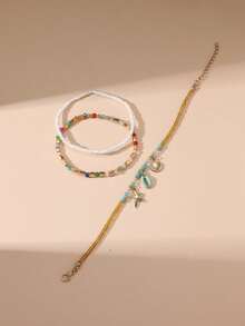 3pcs/Set Bohemian-Style Crystal Beaded And Colorful Shell Anklets, Handmade, Perfect For Women To Wear On Beach Or Vacation, With Starfish Link Chain Foot Jewelry - Multicolor - View 2