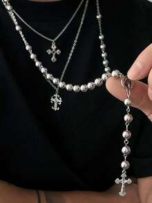 3pcs/Set Vintage Cross Pendant Multi-Layered Necklace Set, Long Y-Shaped Necklace, Hip-Hop, Versatile, Minimalist, Beads, Men/Women Fashion Jewelry Necklace - 銀色 - 查看 2
