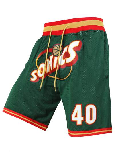 Atonmore Men's Basketball Shorts Size 40 Green Vintage Mesh Embroidery Zip Pocket Sports Shorts