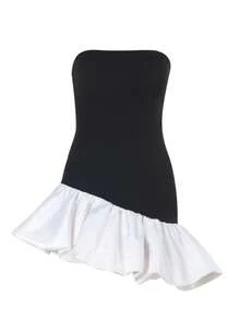 Robe mini asymétrique à volants et sans bretelles pour femmes, automne WOWDARK - Noir - Voir 1