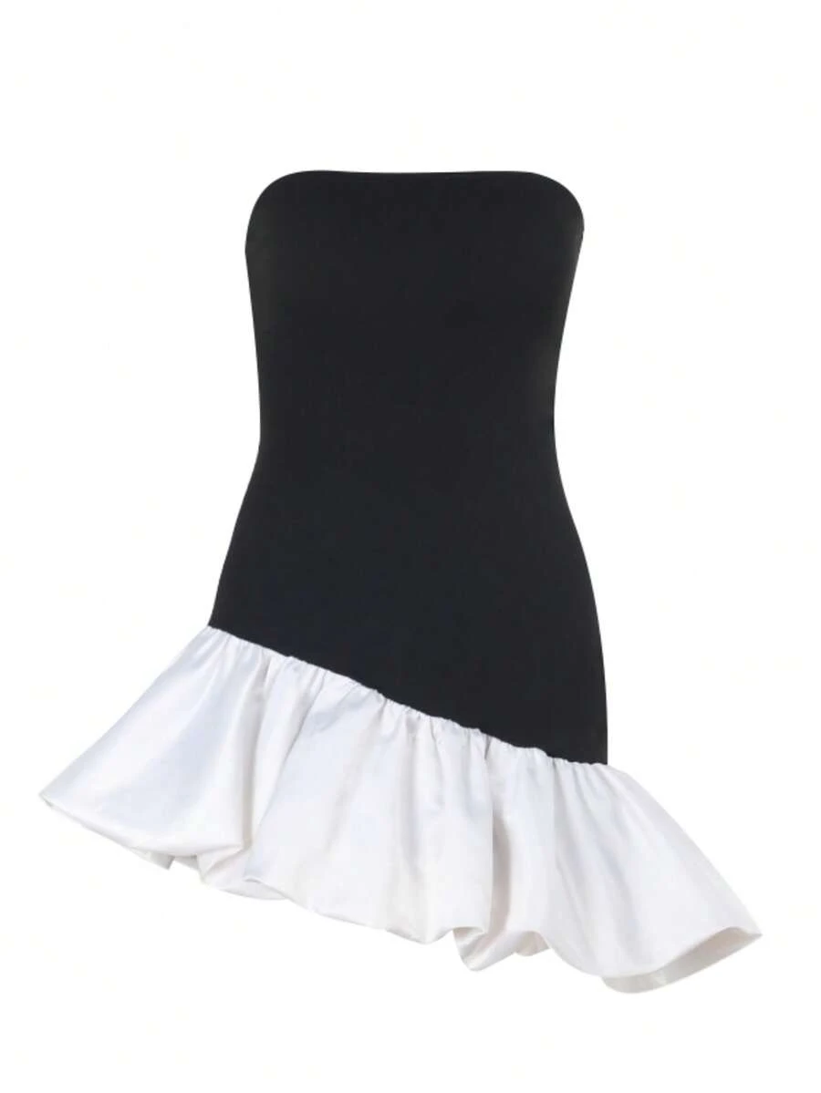 Robe mini asymétrique à volants et sans bretelles pour femmes, automne WOWDARK - Noir - Voir 1