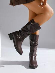 Women's Vintage British Style Brown Zipper Ankle Boots, Classic Comfort Fit, PU Leather Easy Maintenance, Insulated Lining, Versatile Foldover Calf Length Riding Boots, Ideal For Winter,Party