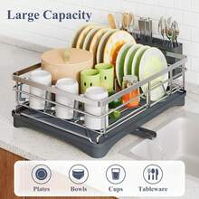 Escurridor de platos - Escurridor de acero inoxidable para la encimera de la cocina, escurridor de platos de gran capacidad con soporte para cubiertos, organizador de cocina para platos, cucharas y tenedores, color plateado - Plateado - Ver 1