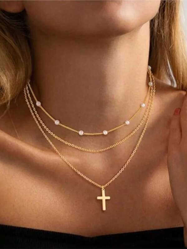 2pcs/Set Multilayer Faux Pearl Necklace With Cross Pendant, Creative Layered Decor Jewelry