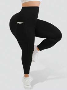 Plus Size Casual Sports Yoga Black Leggings With Four Side Pockets, No Awkward Design, And Double-Layered Tummy Control Waistband, Fold Over Leggings, Spring, Summer, Autumn, And Winter