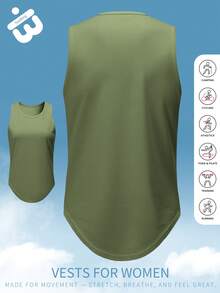 Army Green Women Sports Tank Top With Wide Shoulder Cut And Flowing Curved Hem Suitable For Gym Workouts Yoga Classes Outdoor Hiking And Versatile Everyday Styling - Army Green - View 4