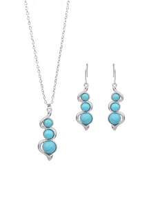 TopHanqi Set de 3 piezas de joyas retro: Pendientes colgantes de plata falsa con turquesa vintage, collar con colgante geométrico en forma de calabaza, accesorio versátil para uso diario, fiestas, ir al trabajo, idea de regalo para todas las estaciones