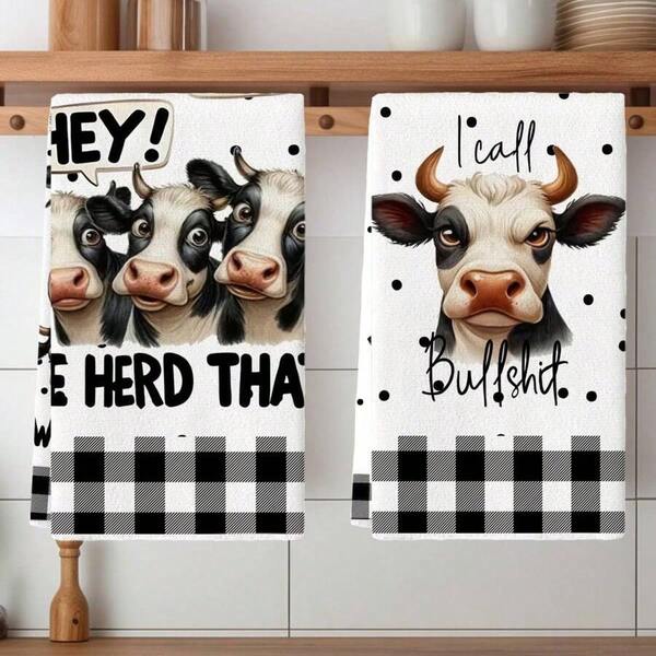 2pcs Cow Farm Kitchen Towel Set - Ultra-Soft Microfiber, Absorbent & Decorative Dish Cloths For Cooking, Baking, Housewarming Gifts - Machine Washable