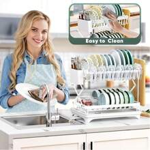 Multifunctional Dish Rack Organizer, Rustproof 2-Tier Dish Drying Rack With Drainer Board, Space Saving For Cutlery, Knives, Wooden Cutting Boards - Modern Kitchen Shelf | Durable Metal Construction Kitchen Organizer With Cleaning Cloth White Holiday Gift