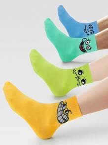 5 Pares (Cores Aleatórias) Meias Esportivas de Tornozelo Médio Respiráveis, Engraçadas e Coloridas com Expressão Fofa de Desenho Animado e Doces