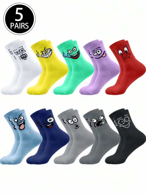 5 Pares (Cores Aleatórias) Meias Esportivas de Tornozelo Médio Respiráveis, Engraçadas e Coloridas com Expressão Fofa de Desenho Animado e Doces