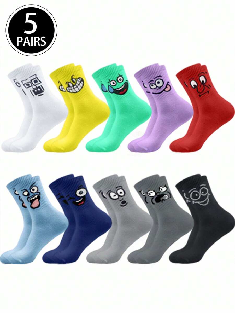 5 Pares (Cores Aleatórias) Meias Esportivas de Tornozelo Médio Respiráveis, Engraçadas e Coloridas com Expressão Fofa de Desenho Animado e Doces