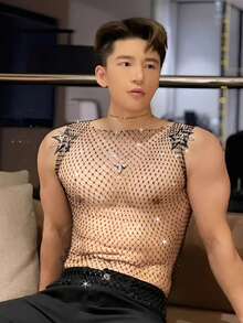 1 件男士性感水钻镶嵌渔网镂空背心，网眼透视俱乐部装，闪亮夜店派对背心，也适合女士