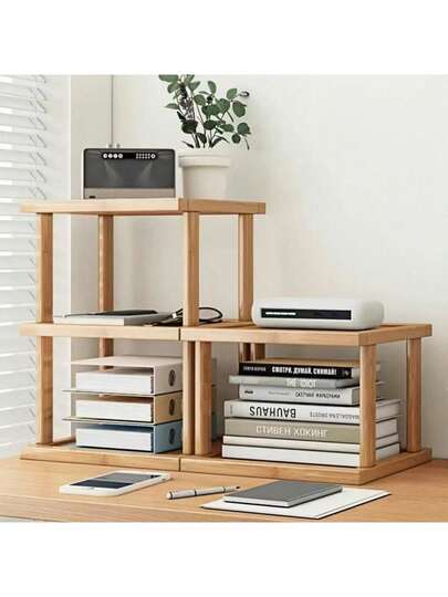 多层竹制桌面整理架，可调节组装办公室储物架