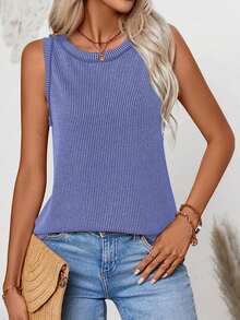 Women's Crew Neck Ribbed Top (Summer Edition) - Sapphire - View 5